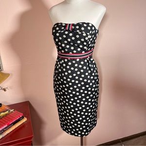 Vintage Anthro Maeve Retro Black white Polka dotted Strapless Pinup Wiggle Dress